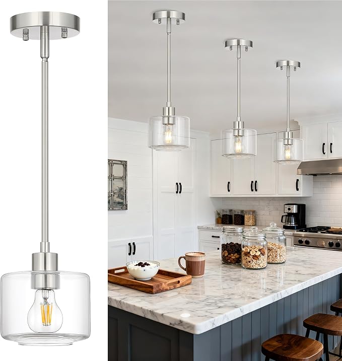 Brushed Nickel Pendant Lights Kitchen Island, 1-Light Modern Clear Glass Hanging Light Fixtures with Rods, Mini Kitchen Pendant Lighting Over Island for Sink Bathroom, OS-YQ8153-1PBNC