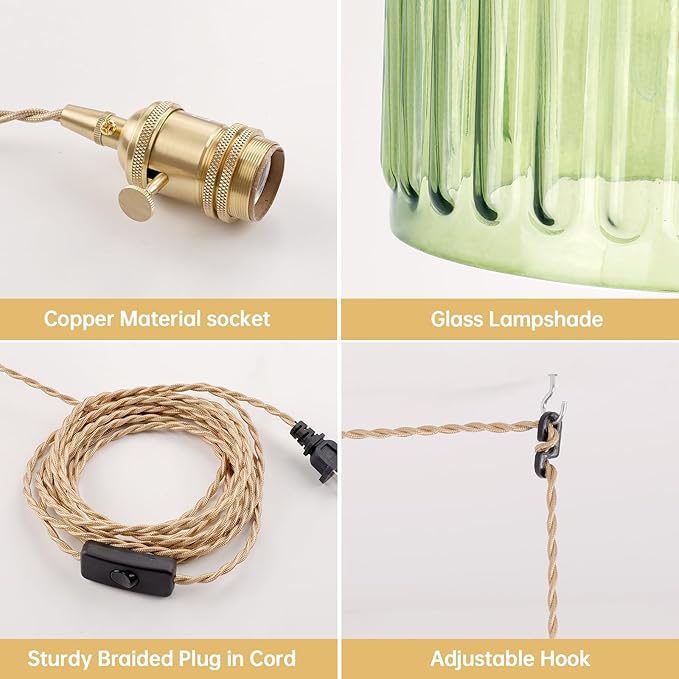 Plug in Pendant Light Hanging Light Fixtures with Plugin Cord On/Off Switch,Green Striped Glass Lampshade Brass Pendant Light
