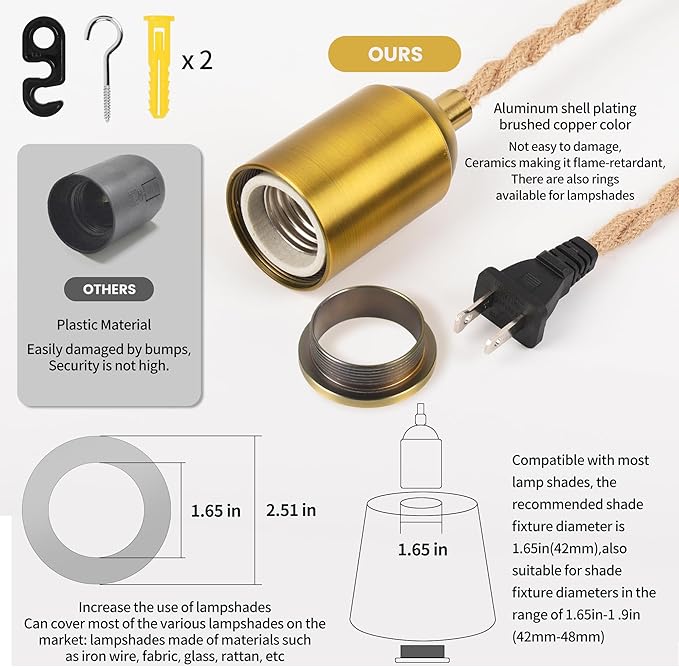 Plug in Pendant Light Cord with Switch, 15 FT Hemp Color Vintage Double Braided Woven Rope, Hanging Lights with Plug-in, E26 Socket, DIY Swag Lamp Kit for Lantern, Pendant & Hanging Fixtures, 2-Set