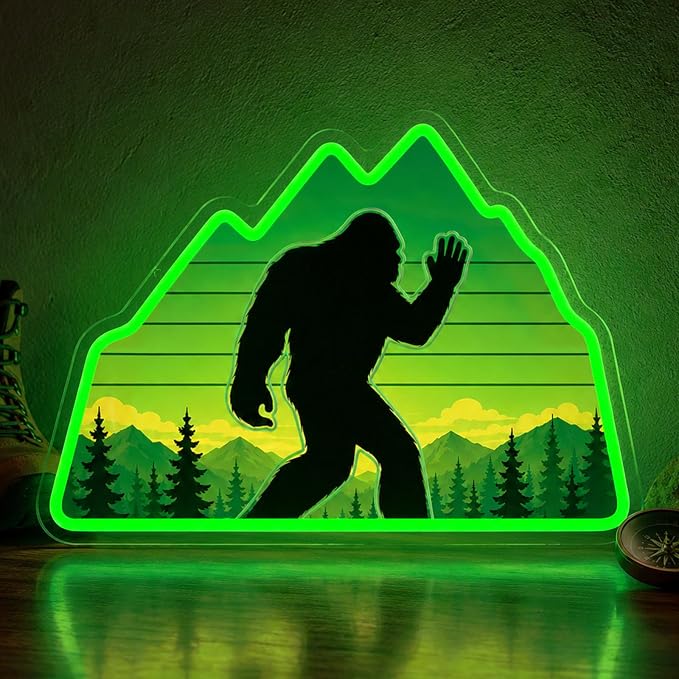 Bigfoot Neon Sign Green LED Sasquatch Neon Sign Forest Nature Room Decor | UV-Printed Sasquatch Neon Sign Dimmable Green Neon Light with Mountain Wilderness Design for Game Room Man Cave Bedroom Cabin