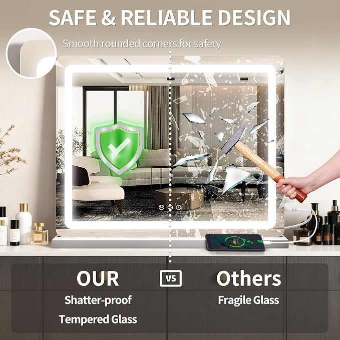 ROLOVE 23"x 18" Large Vanity Mirror with Lights, LED Makeup Mirror for Dresser and Desk, 10X Magnification, Dimmable Touch Control, Wall Mounted or Tabletop Mirror for Bedroom (White)