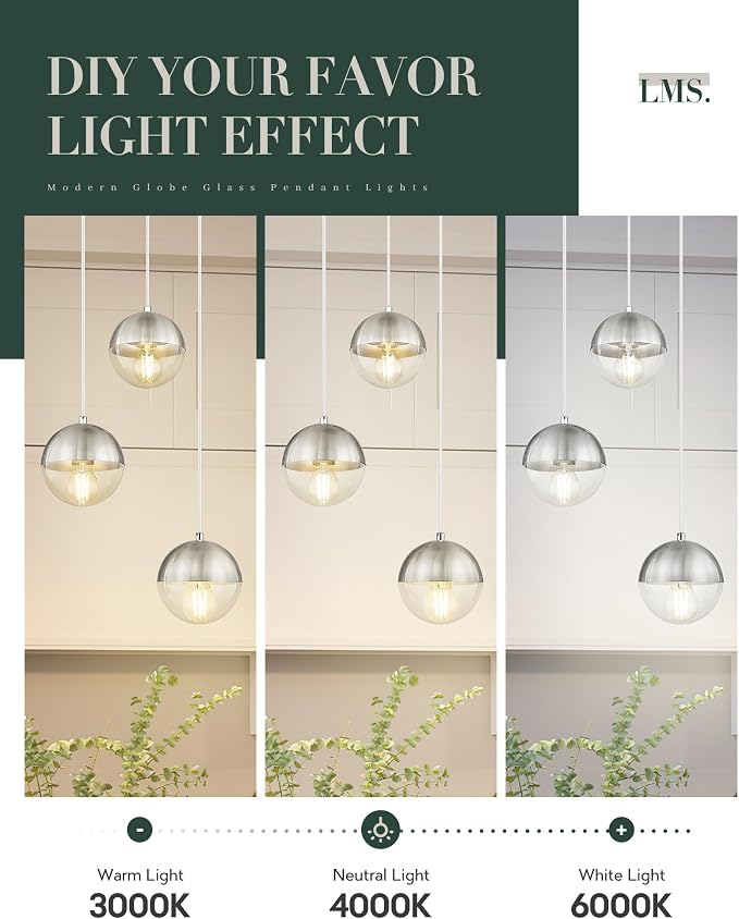 Modern Brushed Nickel 3-Light Cluster Pendant Lights, Mid Century Pendant Lighting with Clear Globe Glass Shade, Adjustable Hanging Cord Ceiling Light for Bathroom Dining Room, LMS-186BNC3