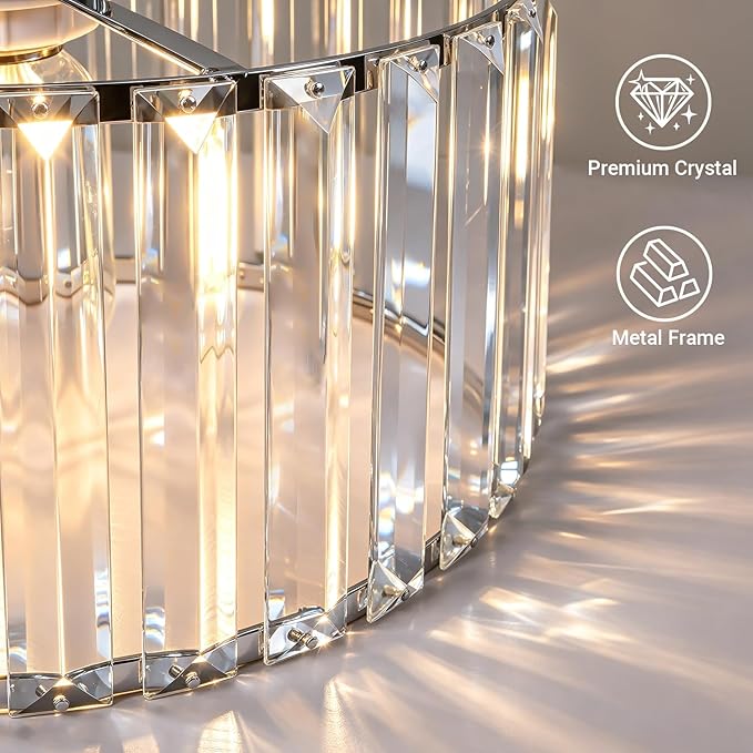 Crystal Ceiling Light Fixture, Chrome Close To Ceiling Light Fixtures, Modern Semi Flush Mount Ceiling Light, Hallway Lighting Fixture Chandelier for Bathroom Bedroom Porch Kitchen Living Room, 11in