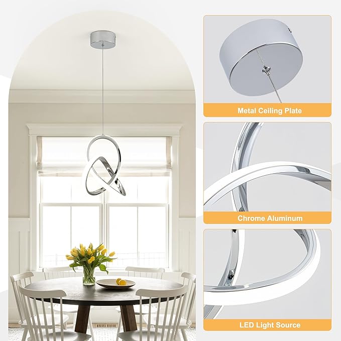 MAYNA Modern Kitchen Island Lights, 4000K LED Pendant Light Fixture, 18W Adjustable Height Modern Led Chandelier for Sink Bedroom Kitchen Island Cafe, 3 Pack (Chrome)
