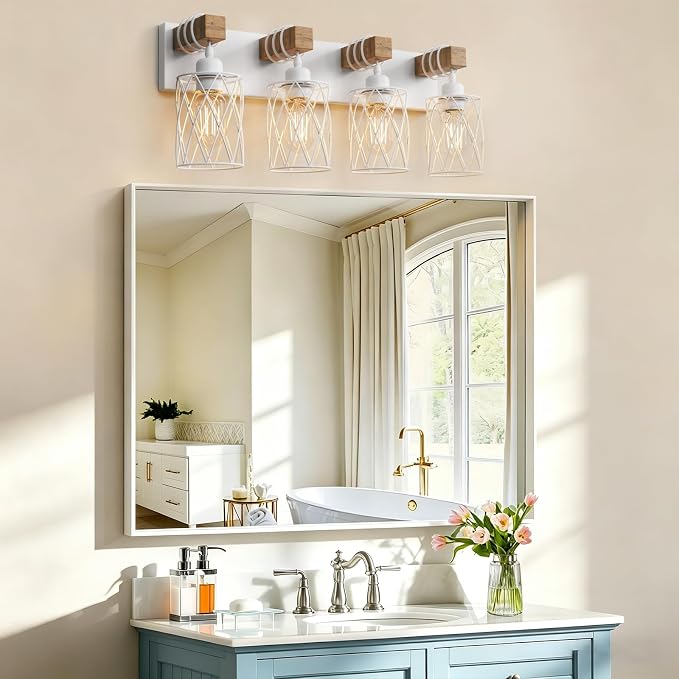IZORRO Farmhouse Bathroom Vanity Light, 4-Light Wood Bathroom Light Fixtures Over Mirror, Matte White Industrial Vanity Lights with Metal Shade, Rustic Restroom Lighting Fixtures
