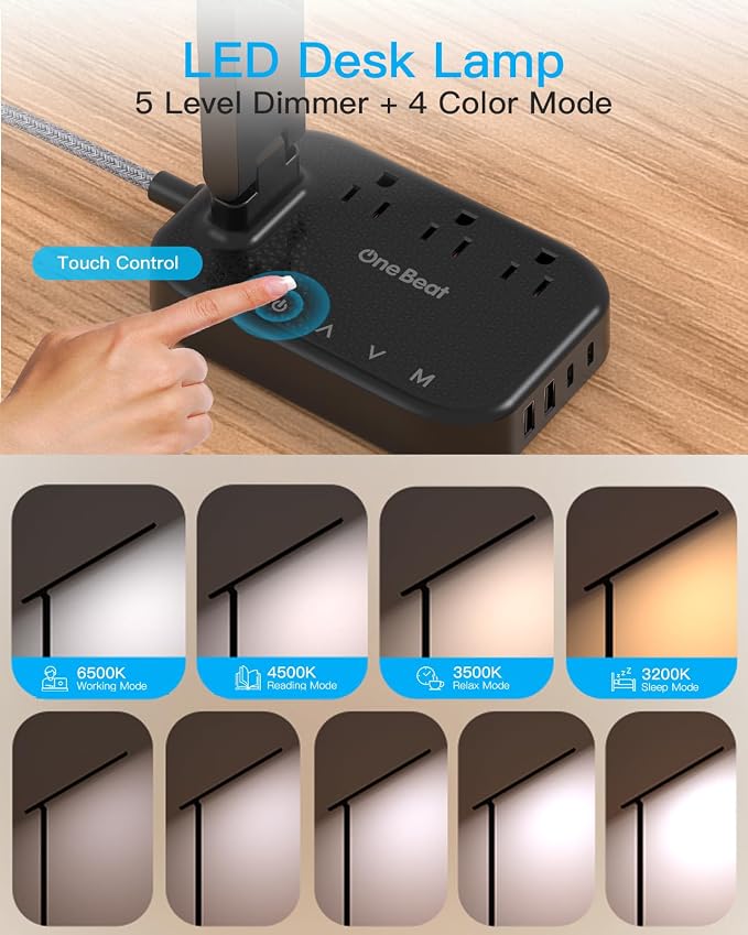 LED Desk Lamp, 10Ft Power Strip with 3 Outlets 4 USB Ports(2 USB C), Black | One Beat 4 Modes 5 Level Brightness Touch Lamp, Small Desk Lamp for Home Office College Dorm Essentials, Study Reading Light