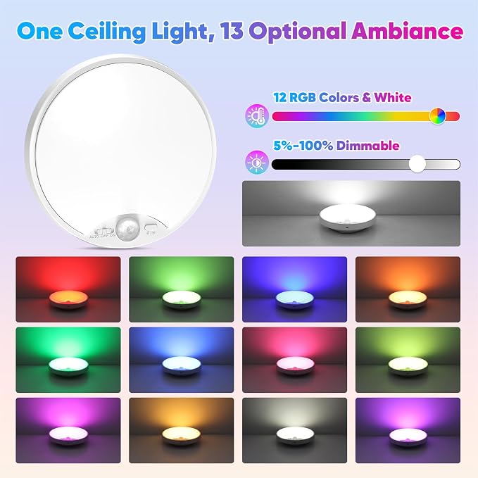 Rechargeable Motion Sensor Ceiling Light, 12000mAh RGB Battery Closet Light | Wireless Battery Powered LED Shower Light, Magnetic Cordless Ceiling Light with Remote, Overhead Lamp for Pantry Shed, 2-Pack