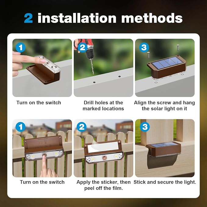 12 Pack Solar Fence Lights Outdoor,Deck Light Solar Powered, IP65 Waterproof Led Riling Solar Lights Brown Frame for Outside Yard Step, Wram White