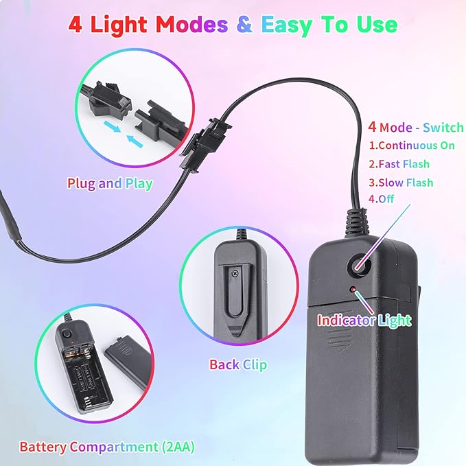 EL Wire 5in1 Bright Neon Glow Rope Lights Strip DIY Cuttable 3.3ft Blue | Portable Wearable Body Lights for Party Game Cosplay Costume Halloween Christmas Burning Man Festival -1 Battery Pack 5 Lines