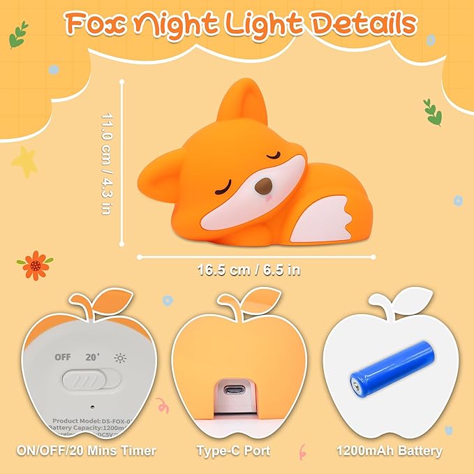 Fox Night Light for Kids, Cute Silicone Lamp with Dimmable 20 Mins Timer, Squishy Animal Nightlight Kids Bedside Decoration Light, Christmas White Elephant Gifts Idea for Baby Girl Boy Friend