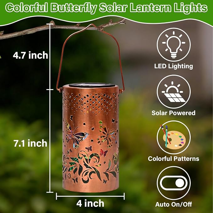 Colorful Solar Lanterns Outdoor Waterproof, Garden Decor LED Butterfly Solar Lights Gifts for Women Mom Sister Grandma, Metal Hanging Lantern for Outside Table Tree Garden Patio Yard Lawn Porch Decor
