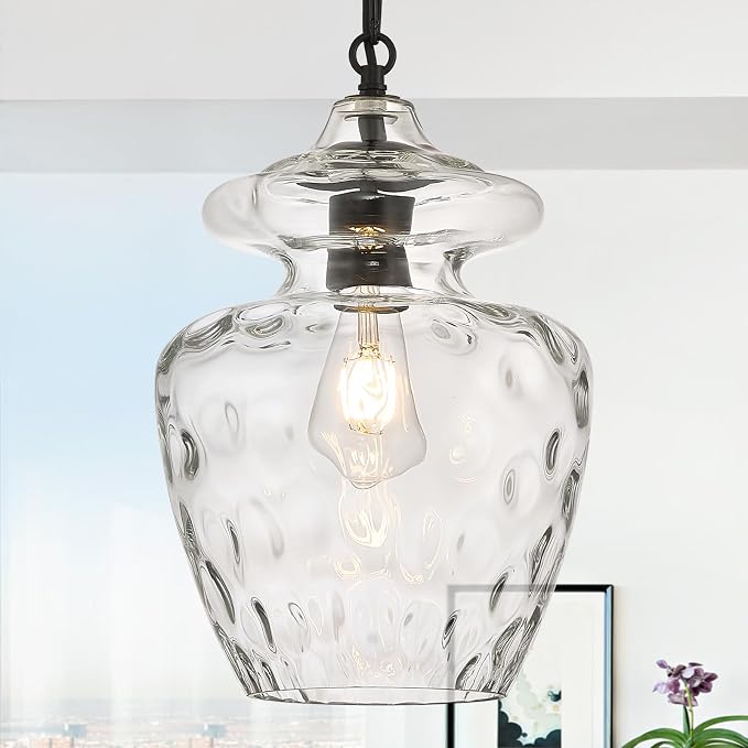 Farmhouse Black Glass Pendant Lighting for Kitchen Island, Modern 9" Hanging Light Fixture for Dining Room Kitchen Sink Entryway Hallway Bedroom, E26 Base