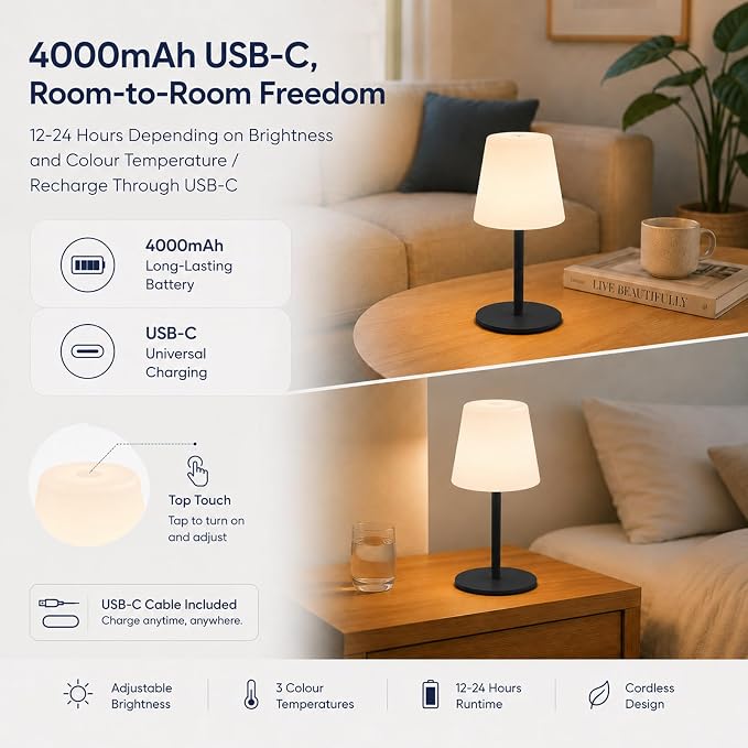 IP65 Waterproof Shower Lamp, Cordless Rechargeable Table Lamp, Black | Bathroom To Bedside Glow, Touch-Dim Comfort, 4000mAh USB-C Ease, 12-24H Light, 3 Light Moods, 2-Height Fit