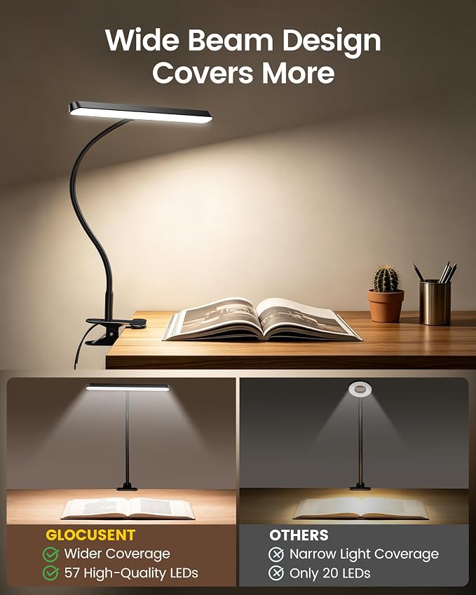 Glocusent 7W Clip on Light, 57 LED Reading Light for Bed, Amber Mode &Timer | 5 Brightness & 3 Colors for Bedside, 2.75" Clamp & 30Min Timer, USB Powered Clip on Lamp for Bunk/Headboard/Table/Work/Craft