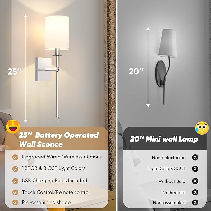 24 Inch Battery Operated Wall Sconces Set of 2 with Remote, Brushed Nickel Rechargeable Wireless Wall Lights with White Fabric Shade, Cordless Wall Lamps with Dimmable Detachable Bulbs for Bedroom