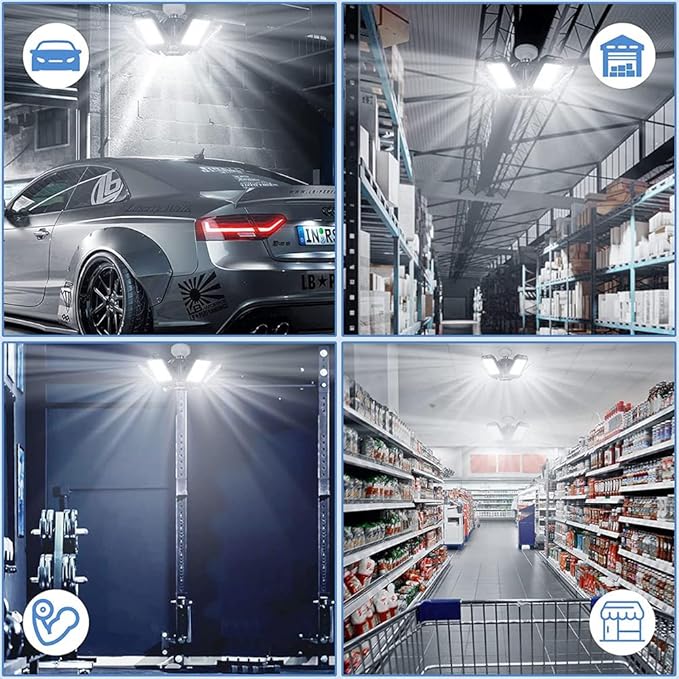 Deformable LED Garage Light - 15000 Lumen 6500K Daylight 150W, Six Leaf Garage Organization Ceiling Lighting, Pack of 2