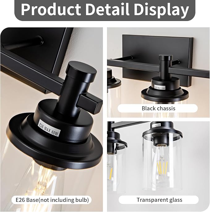 3 Light Bathroom Light Fixtures, Modern Black Vanity Lights Over Mirror, Wall Sconce with Clear Glass Shade and Metal Base, Vanity Lights for Bathroom, Wall Lamp for Mirror Bedroom Hallway