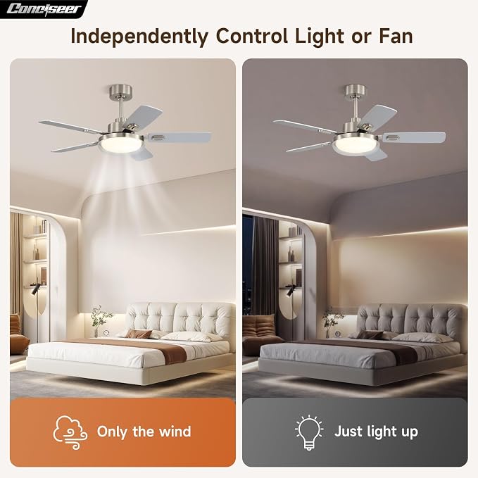 44 Inch Ceiling Fans with Lights and Remote, Bedroom Living Room Office Outdoor , 5CCT Dimmable, Dual Color 5 Blades, 6 Speed Reversible Quiet DC Motor, Dual-Layer Shade, Sand-nickel/Wood Grain