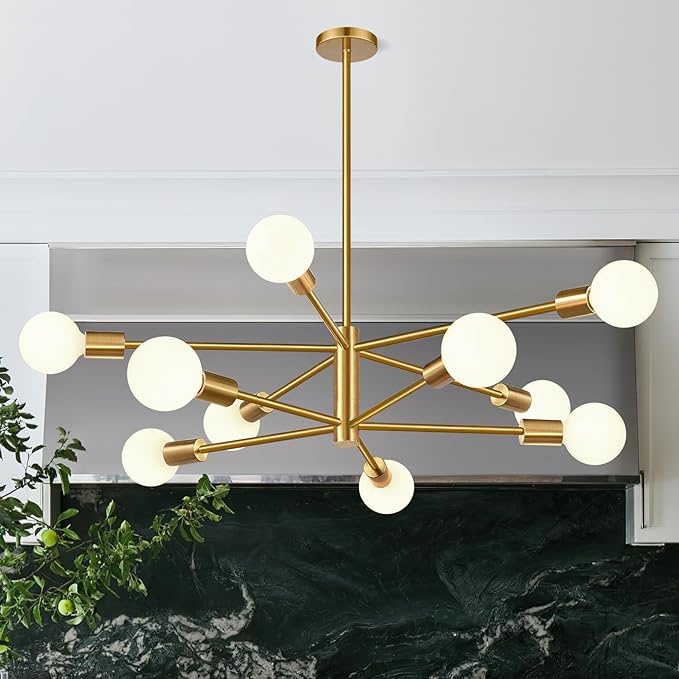 Sputnik Chandeliers Dining Room Light Fixture (10-Light, 32-Inch), Modern Brushed Gold Chandelier, Height Adjustable Mid Century Modern Chandeliers for Bedroom Kitchen Entryway (Bulbs Not Included)