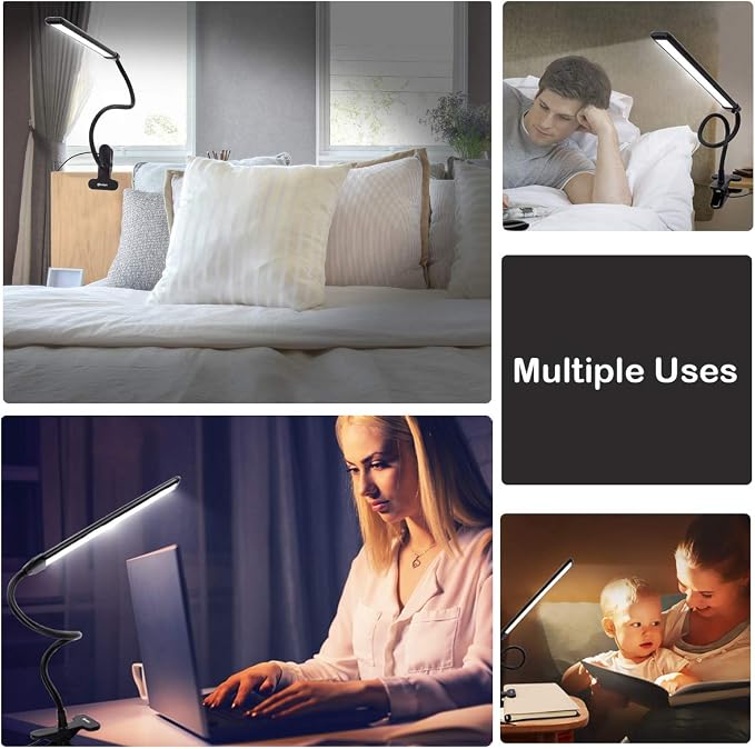Clamp on Lamp, Clip Light, Desk Lamps 3 Color Temperature Setting, 10 Brightness Levels, 2m USB Cord Power Supply and AC Adapter Included, Pack of 2 (Black)