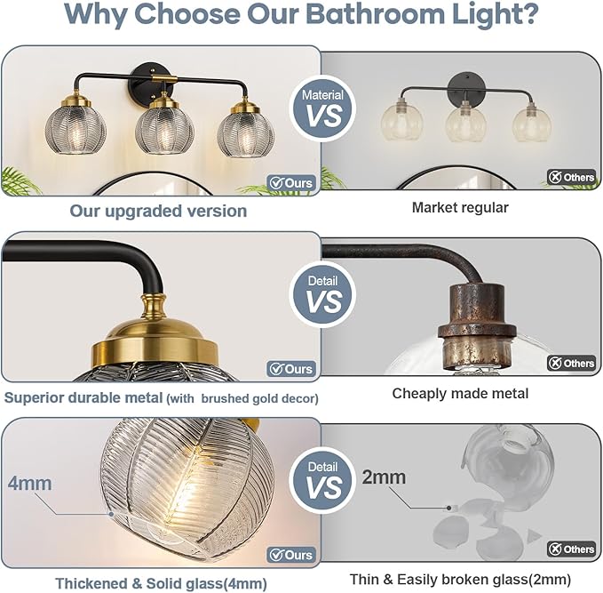 Bathroom Light Fixtures, 3-Light Smokegray Vanity Lights with Unique Leaf Texture Glass Shade, Modern Matte Black and Gold Bathroom Wall Lamp for Mirror Hallway Cabinet Living Room