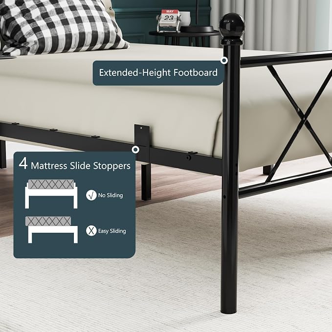 VINGLI Twin Bed Frame with LED Lights & Charging Station, Metal Platform Bed Frame with Headboard, USB Ports, Under Bed Storage, Noise Free, No Box Spring Needed, Easy Assembly, Black