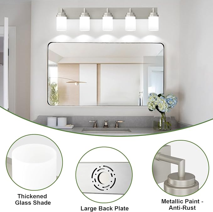 Bathroom Light Fixtures, Brushed Nickel Bathroom Lighting Fixtures Over Mirror, Modern Vanity Light with White Glass Shade, Restroom Lighting Fixtures, 5-Light 36-inch