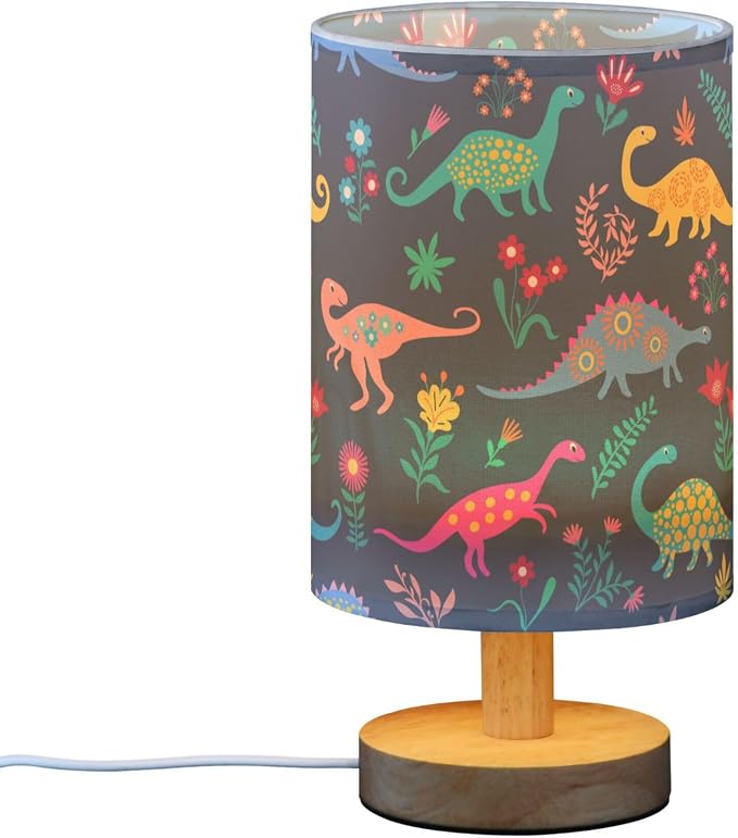 Table Lamp Dinosaur Floral Pattern Nightstand Lamp with Wood Base Fabric Lamp Shade Bedside Desk Lamp for Living Room Bedroom Kids Room Office