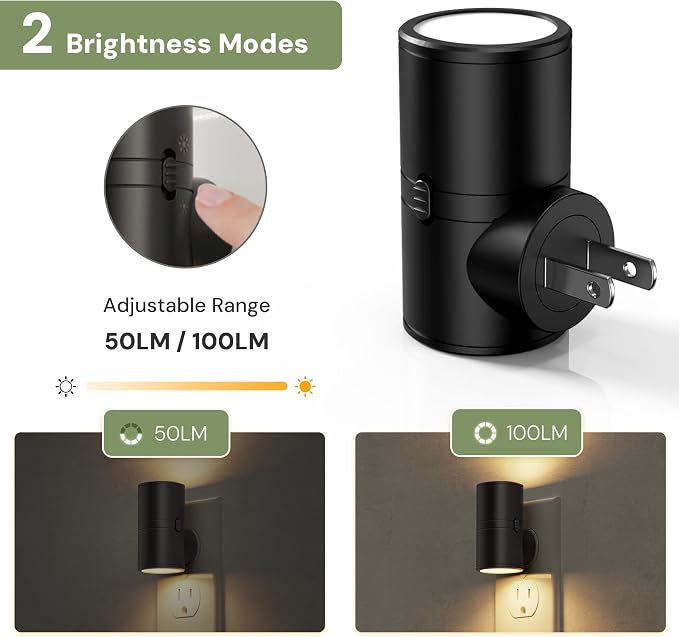 L LOHAS LED Night Light, Night Lights Plug into Wall, Dimmable Nightlights | 50/100LM, Soft White 3000K, Light Sensor, Rotating Nightlight Plug in, Adults Hallway Bedroom Bathroom,[Black Shade,2Pack]