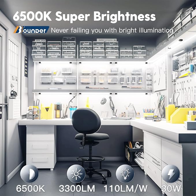 BBOUNDER 4Pack 3FT LED Shop Light, 65000K, 3300LM, Linkable for Garage | Super Bright Cool Daylight White, Ceiling + Hanging Mount Durable Integrated Utility Shop Lights for Workshop DIY User, Black