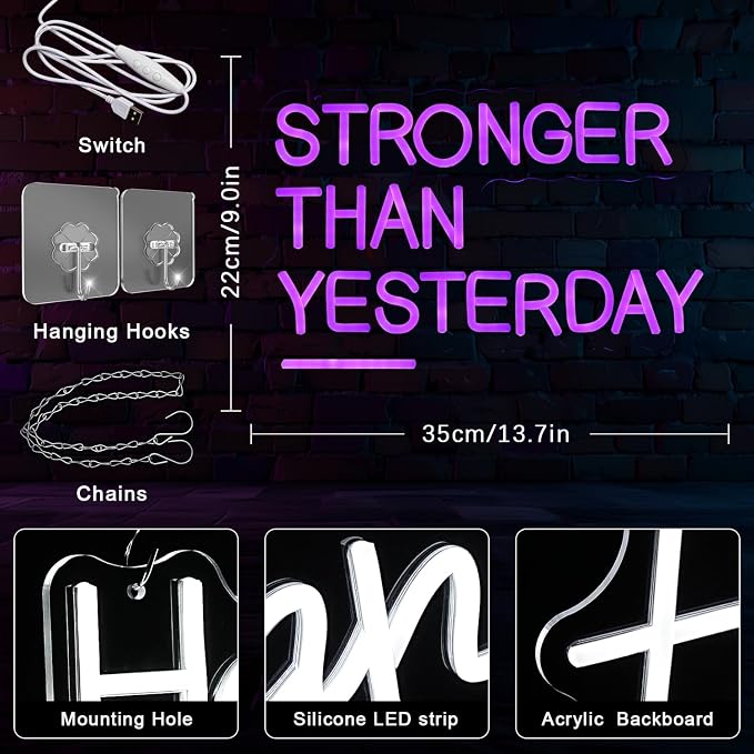 Stronger Than Yesterday Neon Sign for Wall Decor Gym Neon Light Purple Letter Neon light sign Dimmable USB Powered LED Neon Signs for Home Gymmer Fitness Club Classroom