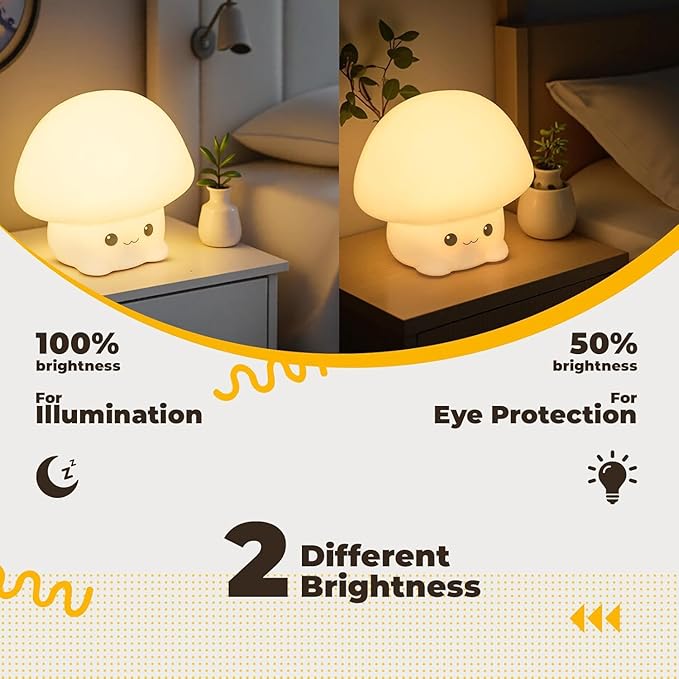 LED Squishy Animal Night Light - 2 Level Dimmable Nursery Lamp, Rechargeable Touch Lamp, Cute Dorm Decor, Small Boys Girls Gift (Cartoon Mushroom)