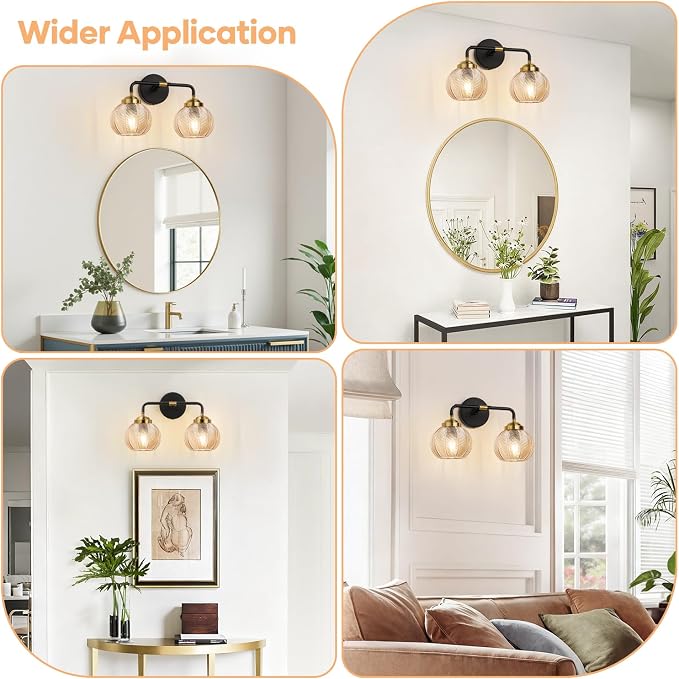 MOKATNG Bathroom Light Fixtures, 2-Light Amber Vanity Lights with Unique Leaf Texture Glass Shade, Modern Matte Black and Gold Bathroom Wall Lamp for Mirror Hallway Cabinet Living Room