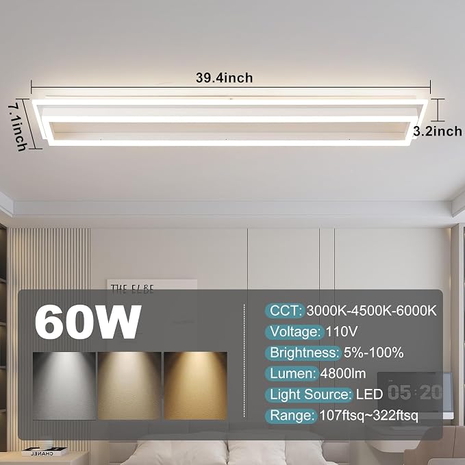 Dimmable Led Ceiling Light with Remote Control Modern Linear Flush Mount Ceiling Lighting Fixture Acrylic Long Ceiling Lamp for Living Room Kitchen Dining Room Hallway (White,39.3inch)