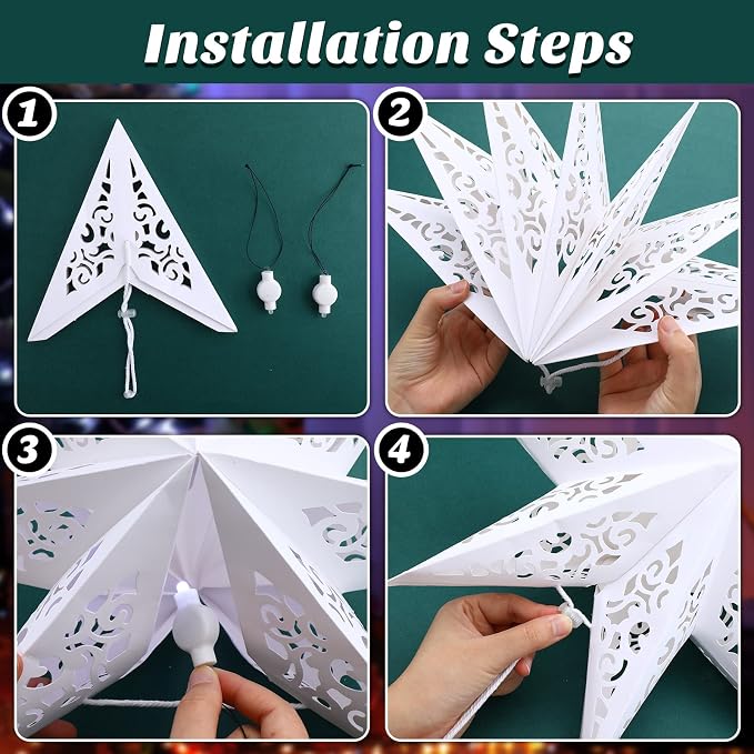 Kingdder 20 in Christmas Paper Star Lanterns Lampshade with White LED Light 7 Pointed Moroccan Hollow out Stars Hanging Party Decoration for Weddings Christmas Tree Birthday