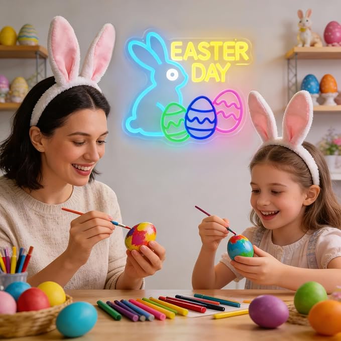 Easter Neon Sign Bunny Led Sign Egg Lights for Wall Decor Dimmable Happy Easter Rabbit Sign Decor for Party Door Window Easters Gifts for Kids