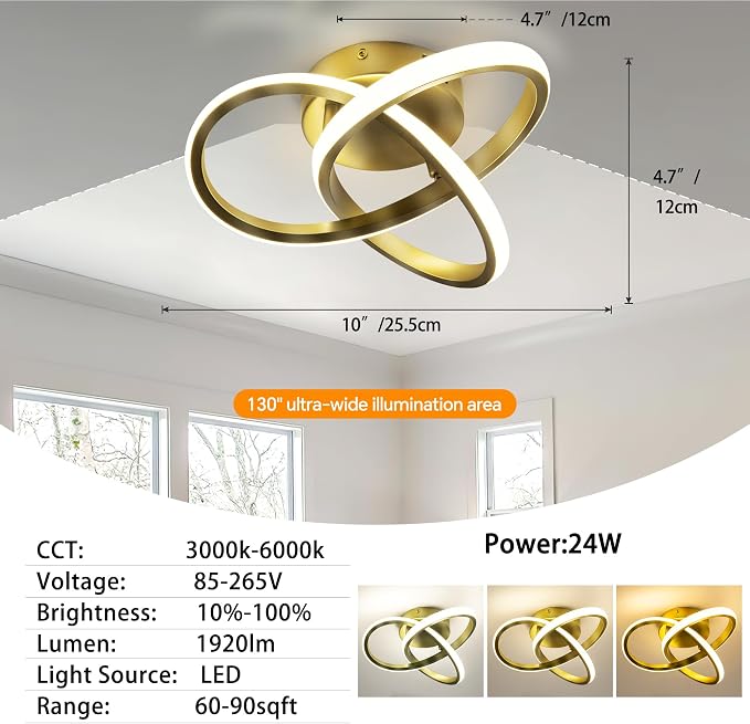 10 Inch Modern Ceiling Light, 24W LED Dimmable Ceiling Light with Remote Control, 3000-6000K Color Temperature Adjustable, Gold Small Chandelier for Bedroom, Entryway, Hallway, Kitchen