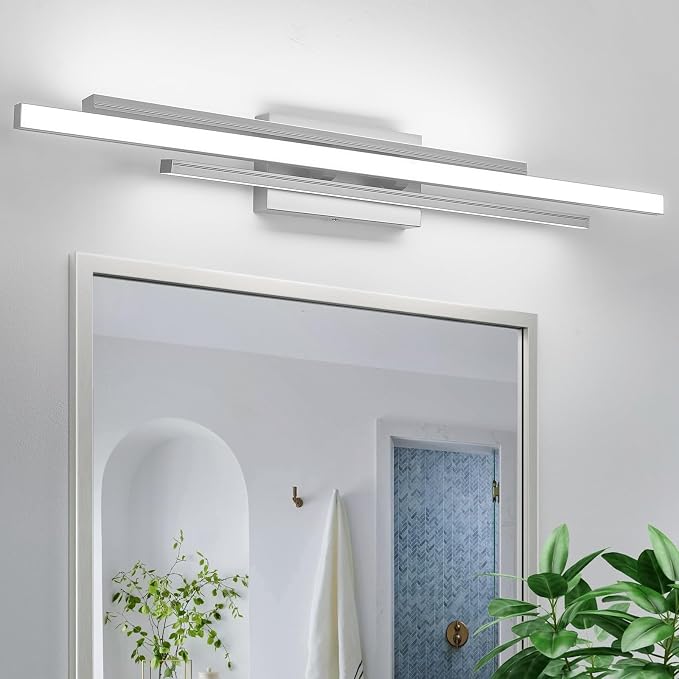 VitaLink 35 Inches Nickel LED Modern Bathroom Vanity Light Fixtures 25W Dimmable 5CCT Vanity Light Bar Over Mirror 3-Light Wall Light for Bathroom Over Mirror Picture Light