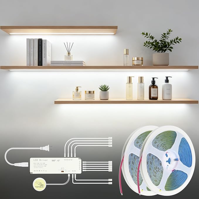 32.8FT Under Cabinet Light Strip Dimmable 11-in-1 COB LED Strip Cold White | 12V 100W 2 Rolls of 16.4ft,Adhesive Cuttable BookShelf Lighting kit,with Hand-Sweep Switch LED Shelf Lights,for Display Case