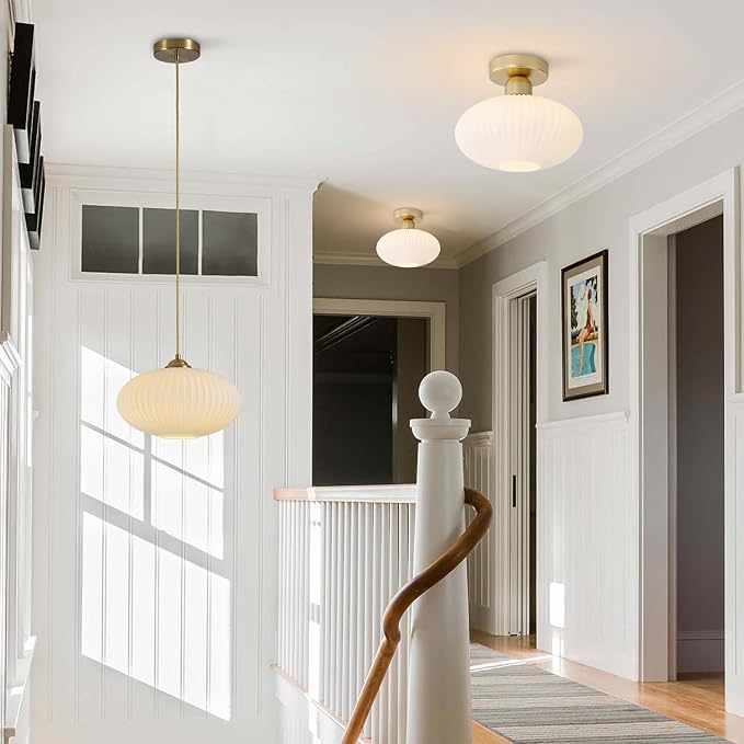KCO Lighting Mid Century Modern Gold Globe Pendant Lighting Brushed Brass White Opal Glass Pendant Light Antique Farmhouse Single Hanging Kitchen Island Lighting Fixture