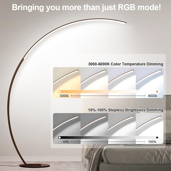 RGB Floor Lamp with 3 Color Temperatures, Ultra Bright 1800LM Smart Arc LED Floor Lamp with Remote Control, Music Sync, Scene Modes, Modern Standing Tall Lamp for Bedroom Living Room Gaming Room-Brown
