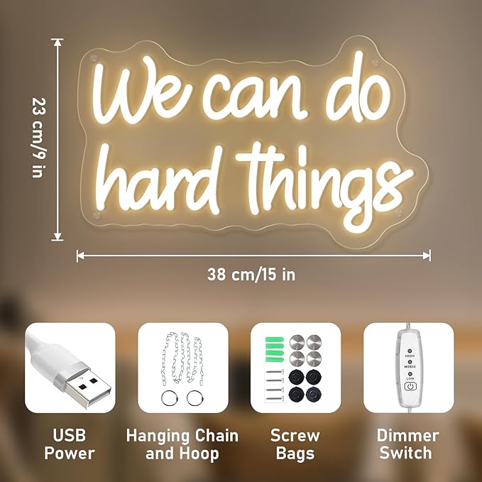 We Can Do Hard Things Neon Sign Warm White Dimmable LED Neon Signs for Kids Bedroom Inspirational Letter Neon Light for Office Classroom Lights up Signs For Wall Decor