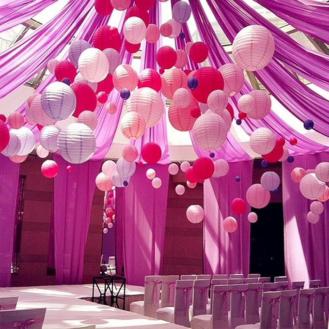 12pcs Pink Paper Lanterns with 12pcs White LED Lights, 6" 8" 10" 12" Round Hanging Chinese/Japanese Ball Lantern for Valentine's Day Easter Wedding