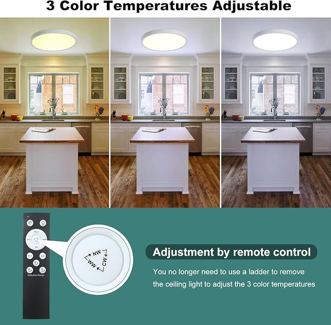 12 Inch Motion Sensor Light Indoor, White | Hardwired, Remote Control Dimmable, Automatic ON/Off, 3000k/4000k/6000k, Round