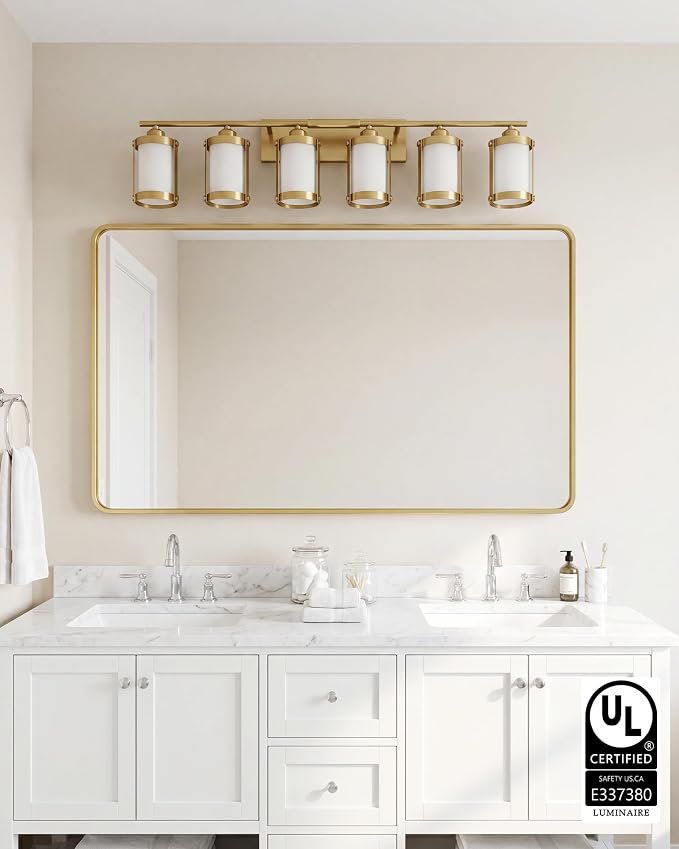 6-Light Brushed Gold Bathroom Light Fixtures Over Mirror with Frosted Milk Glass and Metal Cage Shade, 42" UL-Listed Modern Farmhouse Wall Sconce for Bath, Hardwire E26, OS-3014BGW-6W
