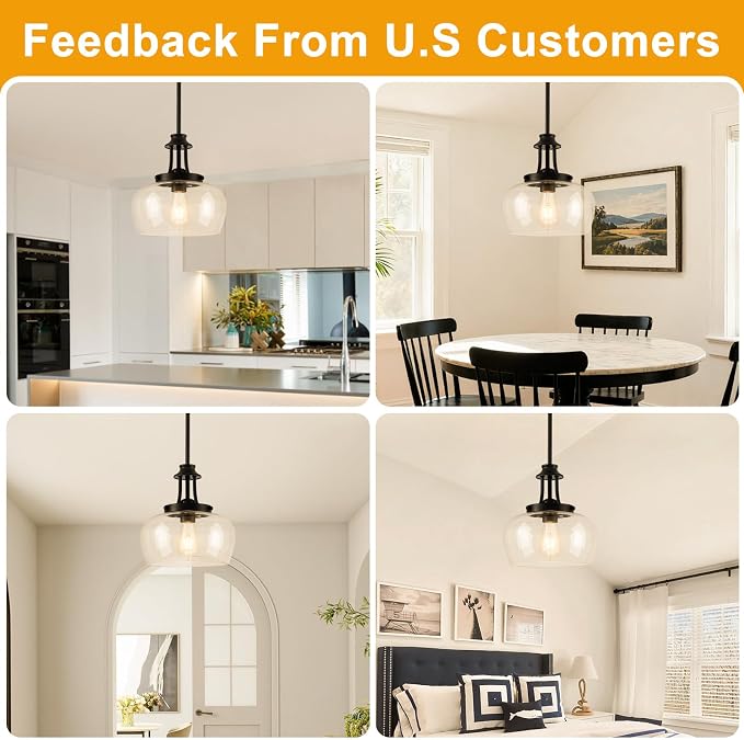 Modern Pendant Lights Kitchen Island, Matte Black Pendant Light Fixtures with 10" Clear Glass Shade, Industrial Hanging Pendant Lights Fixture for Kitchen Island, Dining Room, Bedroom, Foyer, Entryway