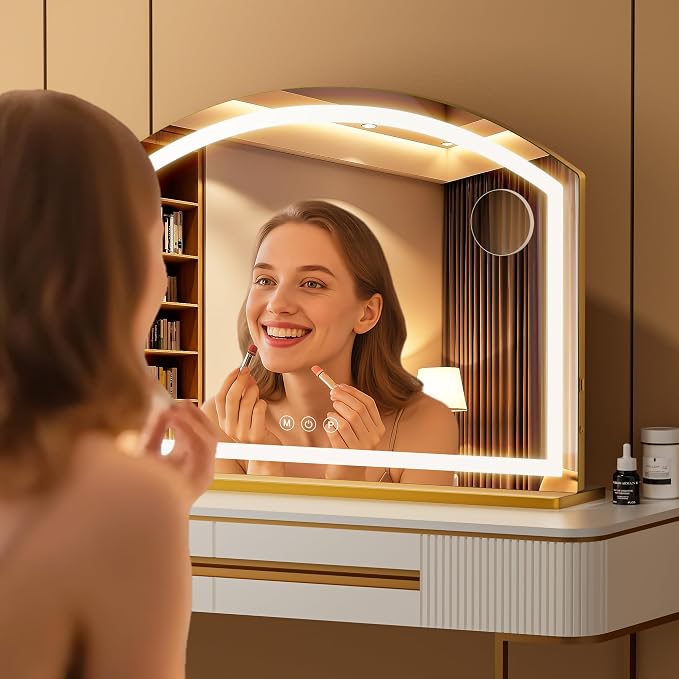 Hasipu Arch Vanity Mirror with Light, Arched Led Makeup Mirror with 10X Magnification, Tabletop Desk Mirror with USB Charging Port, Dimmable 3 Colors Mode, 32" x 24" Inch Gold