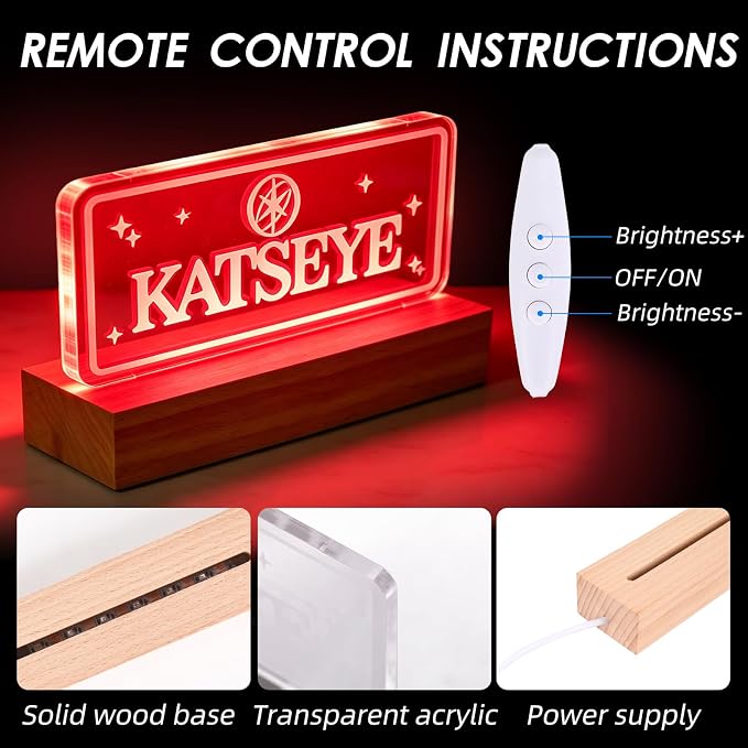 Kate LED Night Light 7 Color Changing Neon Sign USB Acrylic Lamp Wood Base | Adjustable brightness USB powered glowing decor lamp birthday gift for K-pop fans for bedroom desk home ambiance decoration