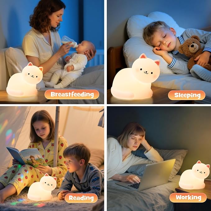 Squishy Cat Night Light with RGB Modes Cute Cat Lamp Warm White 3 Brightness Adjustable Nursery Breastfeeding Nightlight Rechargeable Silicone Soft Touch Bedside Animal Lamp for Bedroom Dorm Decor