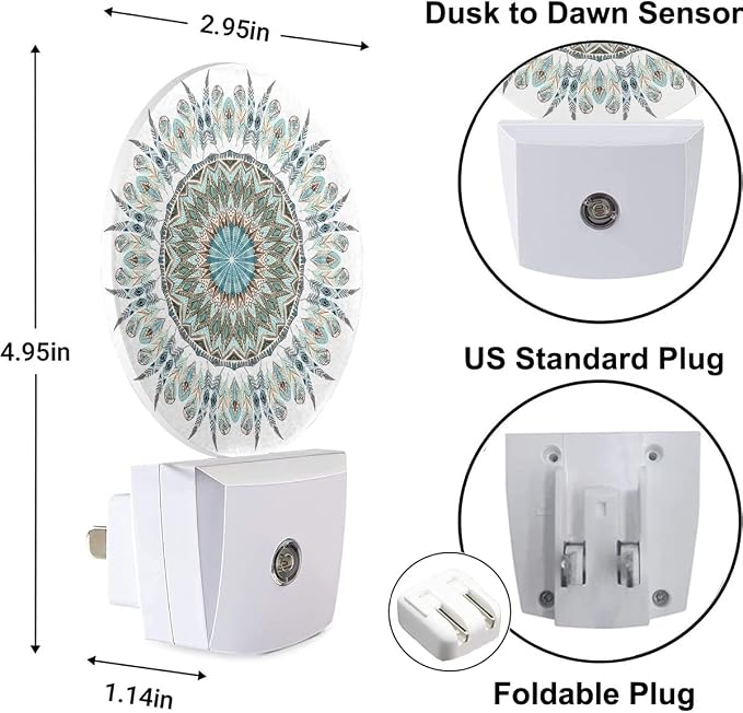 Flower Mandala Night Lights Plug into Wall Turquoise Yellow Blue Floral Paisley LED Dusk to Dawn Plug-in Nightlight Auto Sensor for Bedroom Bathroom Hallway Living Room